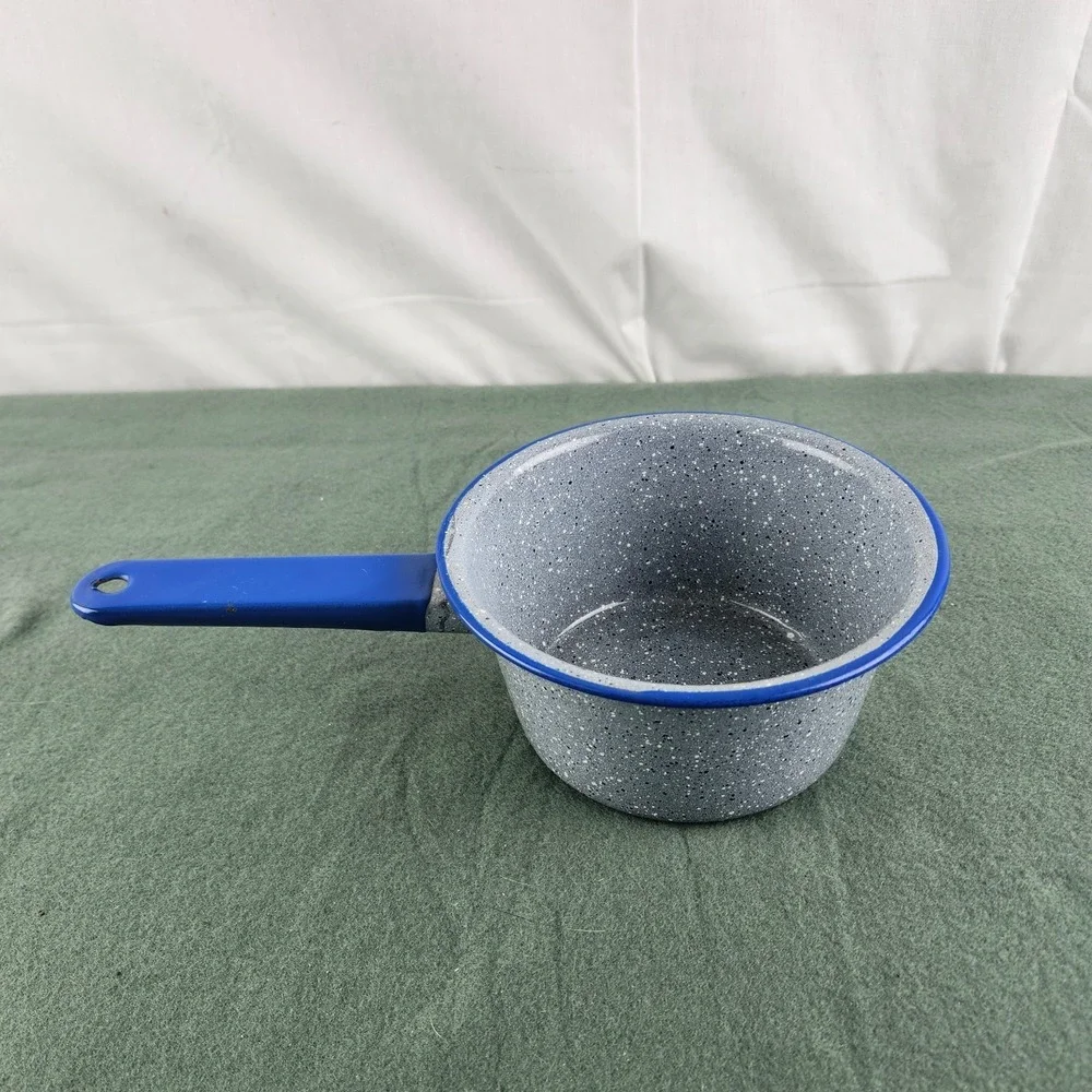 Vintage Enamelware Small Sauce Pan Pot Gray White Speckled Blue Trim Camping